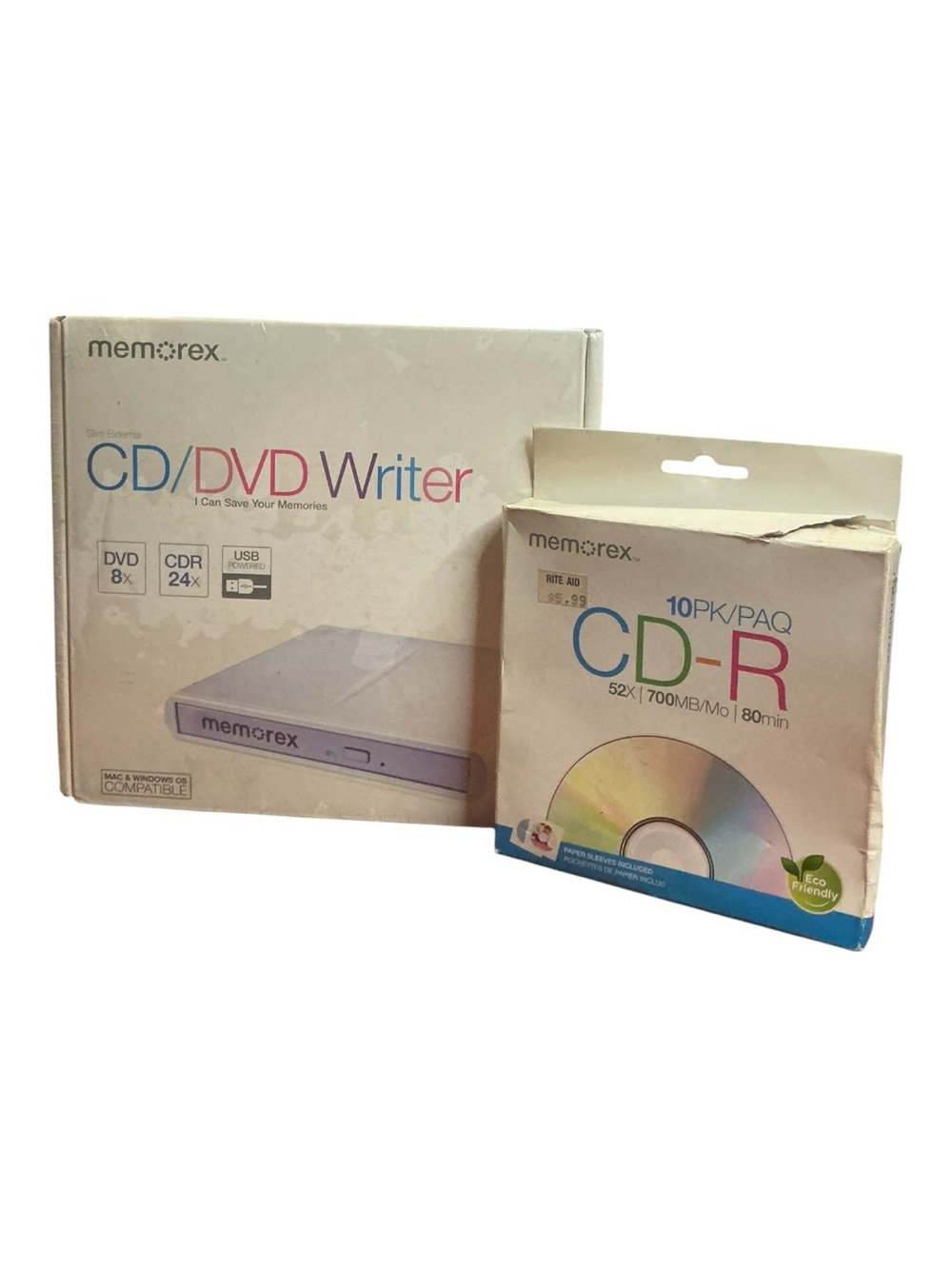 💟 Memorex Slim External CD/DVD Writer with Memorex 10-pack of CD-R discs
